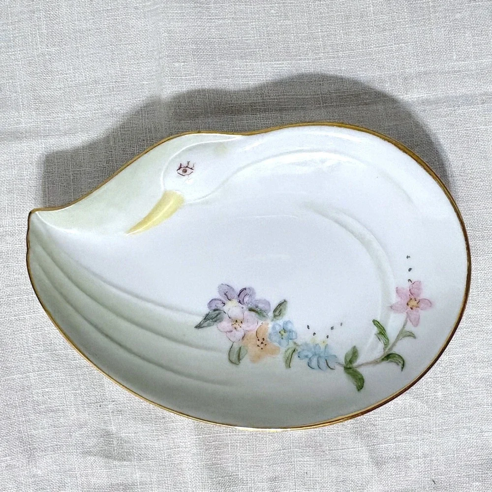 Vintage 1991 Marie Buttery Hand Painted Swan Porcelain Trinket Dish Gold Rimmed